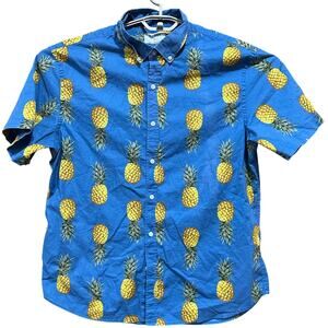 Old Navy Men Shirt XL Blue Yellow Pineapple Button Up Short Sleeve Cotton Blend